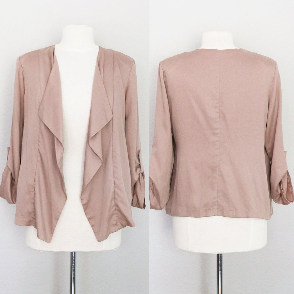 ASTR The Label Drape Open Front Blazer Jacket S Roll Tab Long Sleeves Taupe Nude